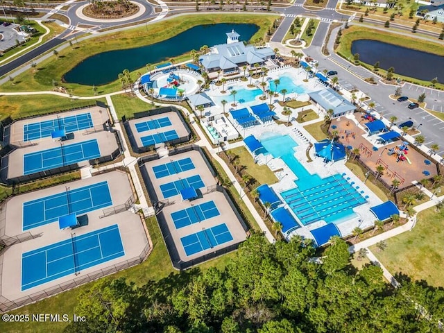 bird's eye view with a water view