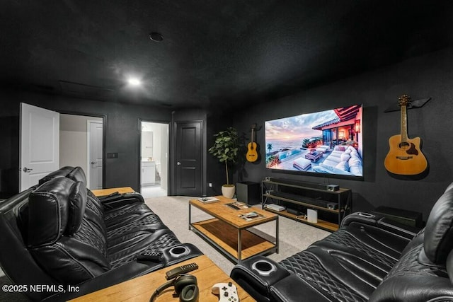 home theater room with carpet flooring