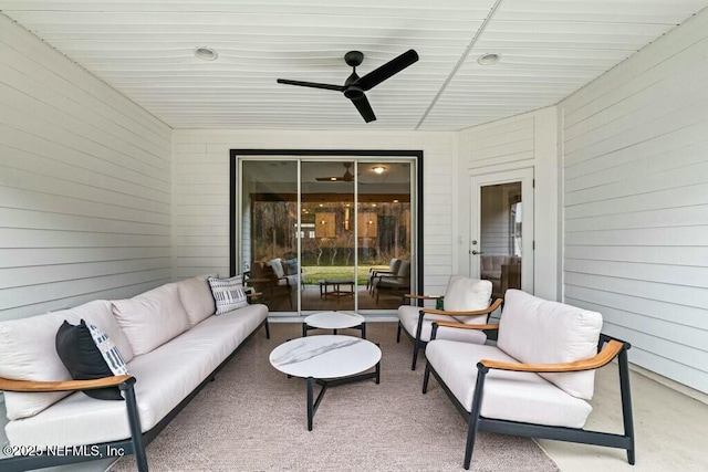 view of patio featuring an outdoor hangout area and ceiling fan