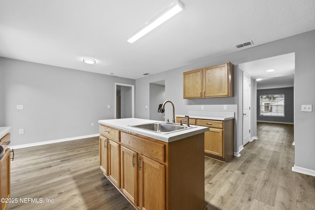 kitchen featuring sink, a center island with sink, and light hardwood / wood-style flooring