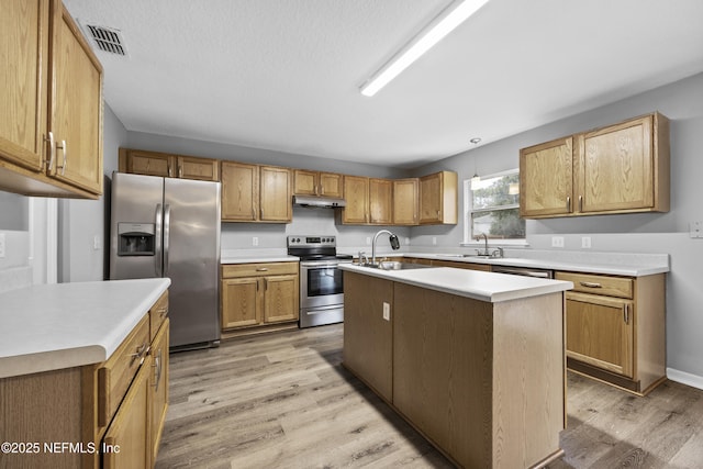 kitchen with a kitchen island with sink, hanging light fixtures, sink, light wood-type flooring, and stainless steel appliances