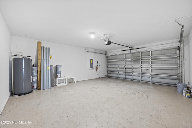 garage with electric panel, a garage door opener, and water heater