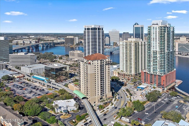 drone / aerial view with a water view