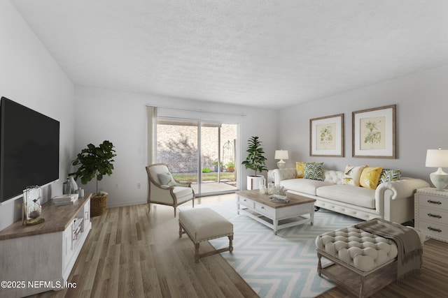 living room with hardwood / wood-style floors and a textured ceiling