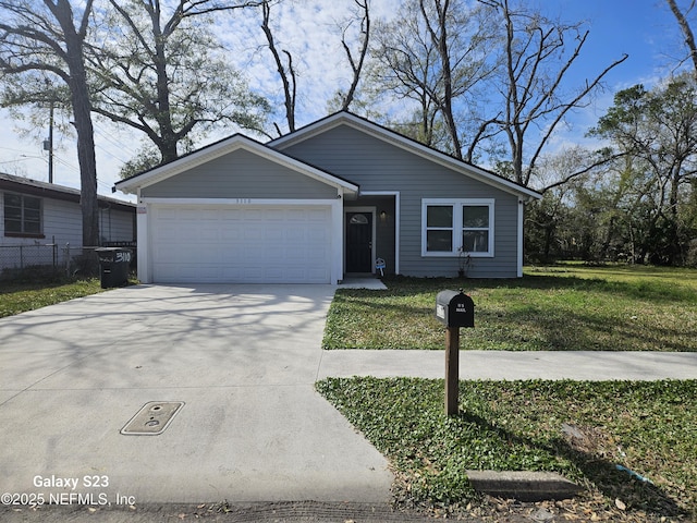 single story home featuring a garage and a front lawn