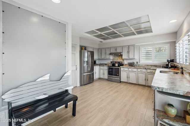 kitchen featuring sink, light hardwood / wood-style flooring, and appliances with stainless steel finishes