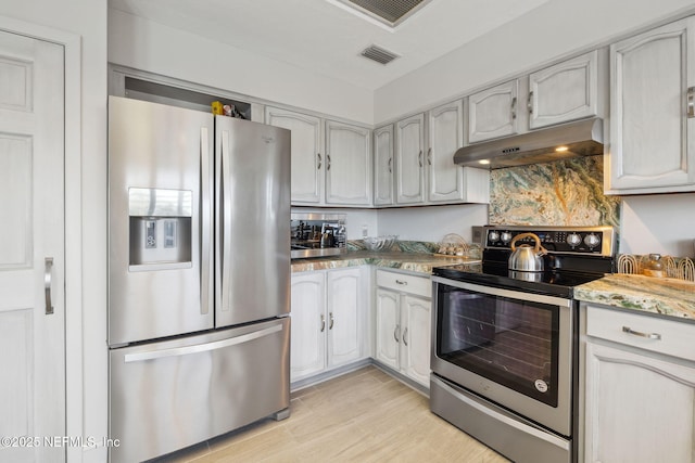 kitchen featuring appliances with stainless steel finishes, light wood-type flooring, and backsplash