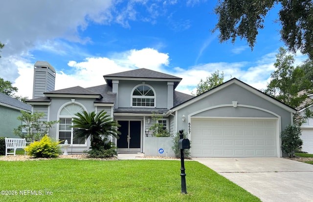 view of front of property with a front yard and a garage