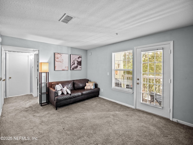 living room with carpet flooring and a textured ceiling