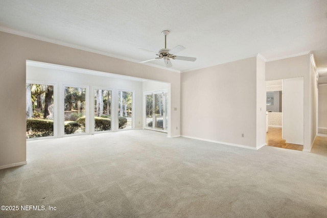 unfurnished living room with light carpet, crown molding, and ceiling fan