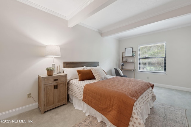 bedroom featuring light carpet, crown molding, beamed ceiling, and baseboards