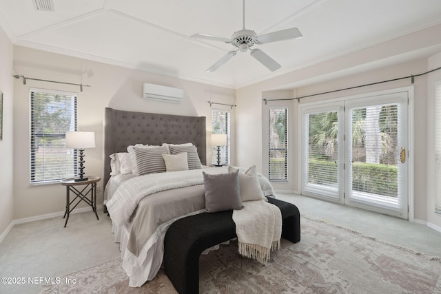 bedroom with a wall unit AC, access to outside, multiple windows, and light carpet