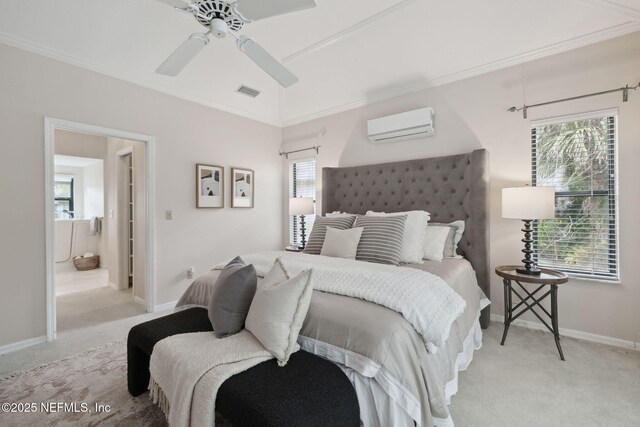 bedroom featuring ornamental molding, visible vents, light colored carpet, and a wall mounted air conditioner