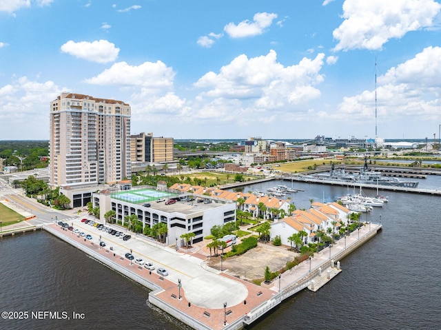 drone / aerial view with a water view