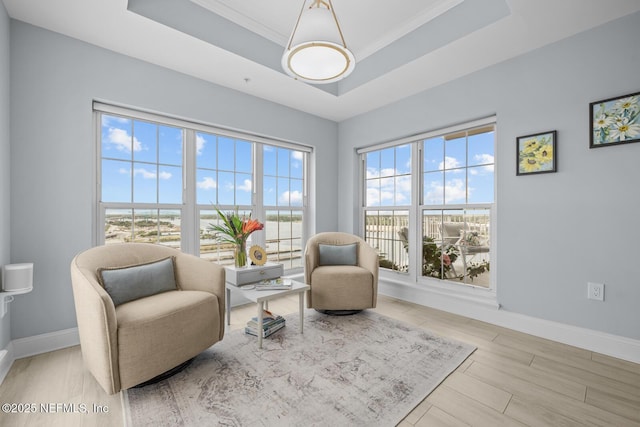 sitting room featuring crown molding, a tray ceiling, and light wood-type flooring