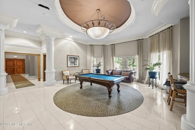 recreation room with decorative columns, crown molding, a raised ceiling, and pool table