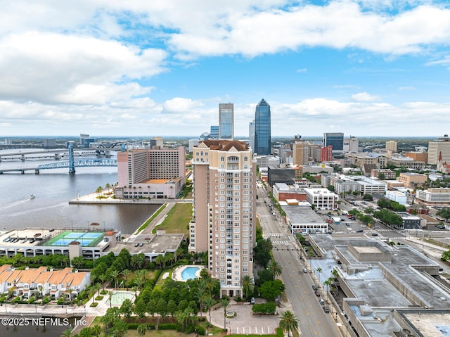 drone / aerial view with a water view