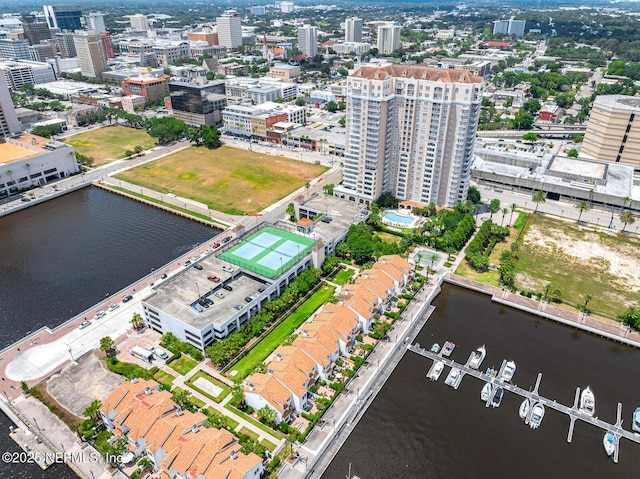 bird's eye view with a water view