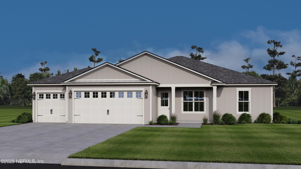 single story home with a front yard, roof with shingles, concrete driveway, a garage, and board and batten siding