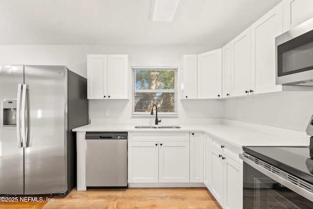 kitchen featuring sink, stainless steel appliances, white cabinetry, and light wood-type flooring