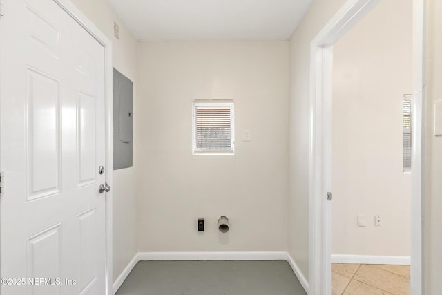 laundry area with light tile patterned floors and electric panel