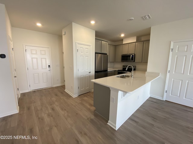 kitchen featuring kitchen peninsula, sink, stainless steel appliances, and dark wood-type flooring