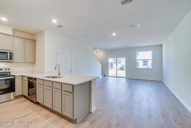 kitchen with sink, light hardwood / wood-style floors, kitchen peninsula, and appliances with stainless steel finishes