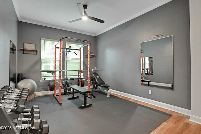 exercise room with hardwood / wood-style floors, ceiling fan, and ornamental molding