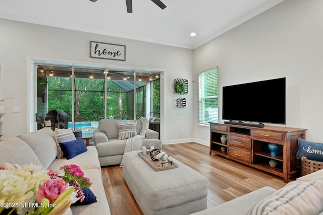 living room featuring light hardwood / wood-style floors and crown molding