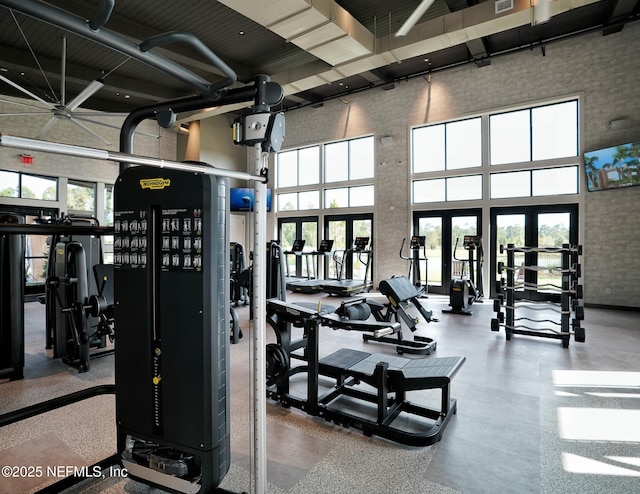 exercise room with brick wall, a high ceiling, and french doors