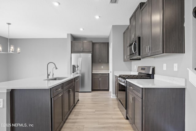 kitchen featuring stainless steel appliances, sink, dark brown cabinets, a chandelier, and pendant lighting