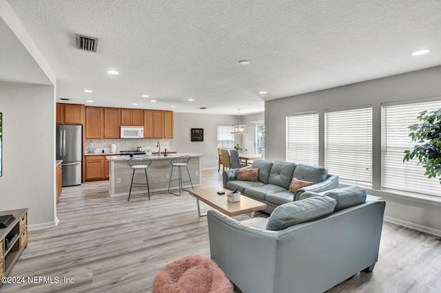 living room with a textured ceiling, light hardwood / wood-style flooring, and plenty of natural light