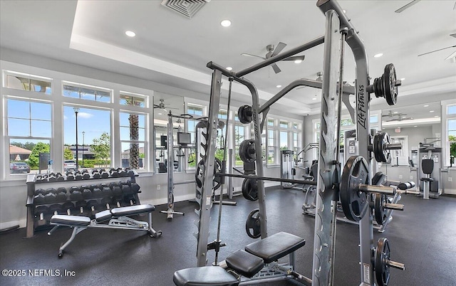 workout area with a raised ceiling, a wealth of natural light, and ceiling fan