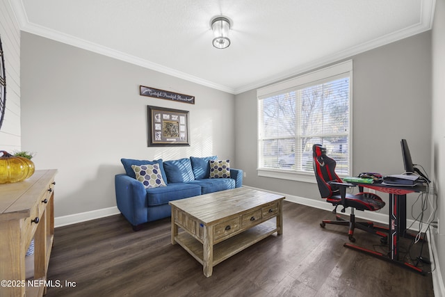 office area featuring dark wood-type flooring and ornamental molding