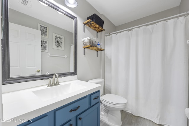 bathroom featuring hardwood / wood-style flooring, toilet, and vanity