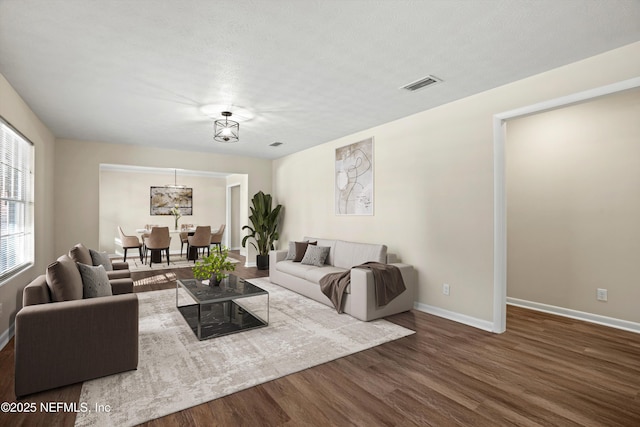 living room with hardwood / wood-style flooring and a textured ceiling