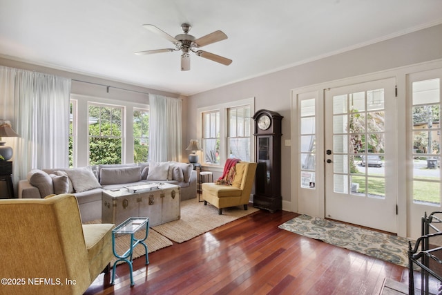 living room featuring ornamental molding, ceiling fan, and wood-type flooring