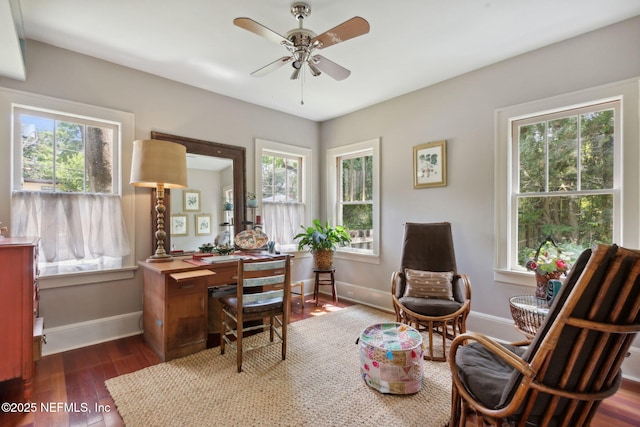 office space featuring ceiling fan and dark hardwood / wood-style floors