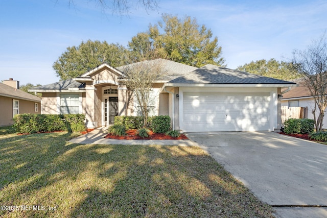 single story home featuring a front yard and a garage