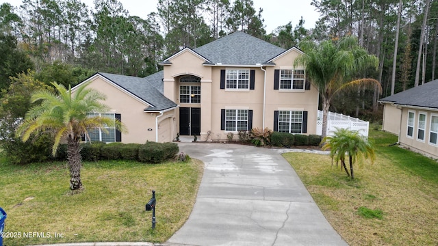 view of front of property with a front yard and a garage