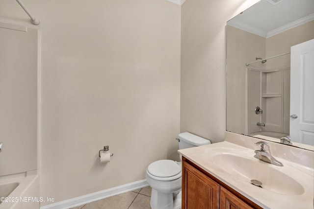 full bathroom featuring shower / bathing tub combination, crown molding, tile patterned floors, and toilet