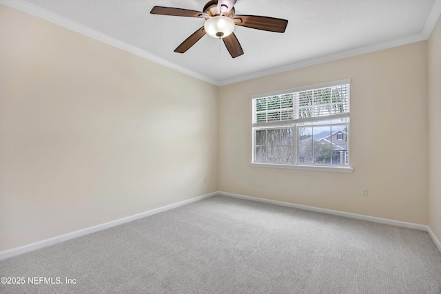 carpeted empty room with ceiling fan, ornamental molding, and a textured ceiling