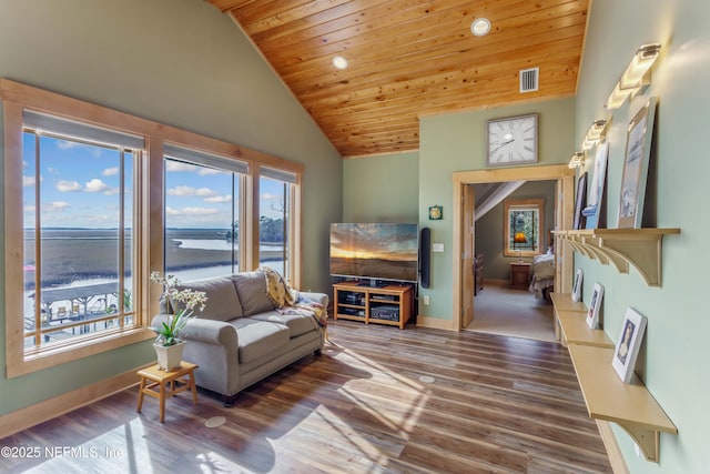 living area with wood-type flooring, high vaulted ceiling, and wood ceiling