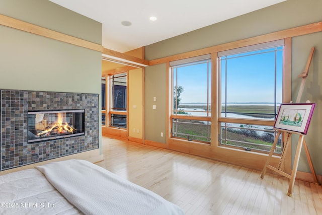 living room with a water view, a fireplace, and light hardwood / wood-style flooring