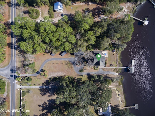 drone / aerial view with a water view