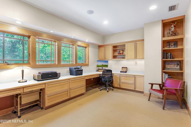 carpeted office featuring built in desk