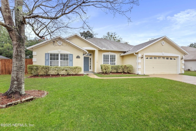 ranch-style home with a garage and a front lawn