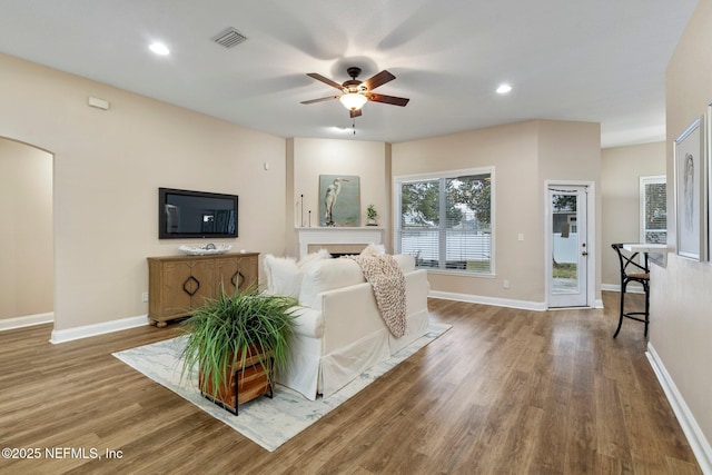 living room with ceiling fan and hardwood / wood-style floors