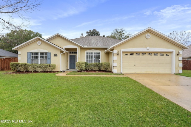 ranch-style home with a garage and a front lawn