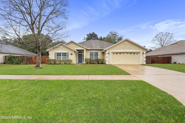 ranch-style house featuring a front yard and a garage